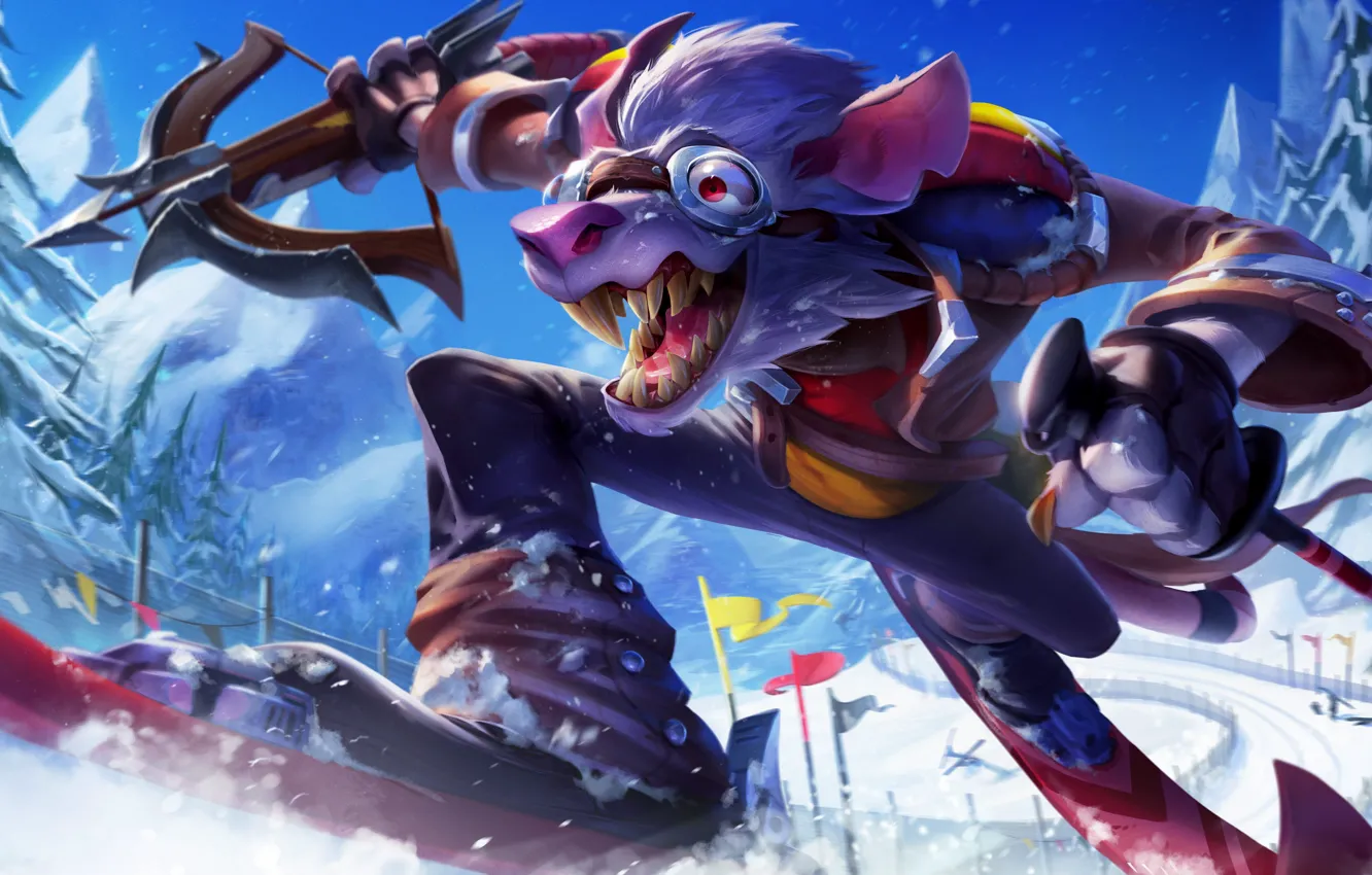 Фото обои снег, деревья, горы, природа, лыжи, фэнтези, крыса, League of Legends
