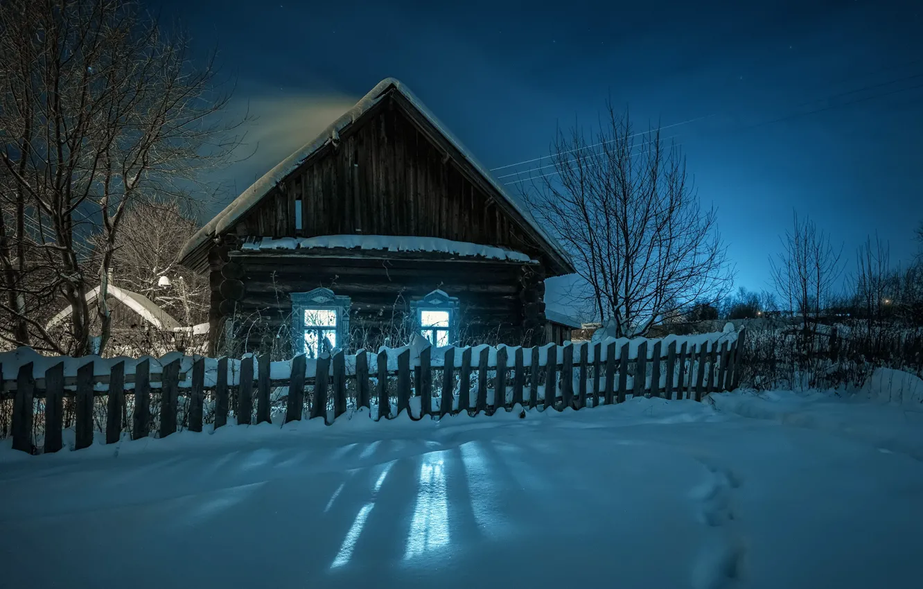 Фото обои зима, свет, снег, пейзаж, ночь, природа, дом, забор