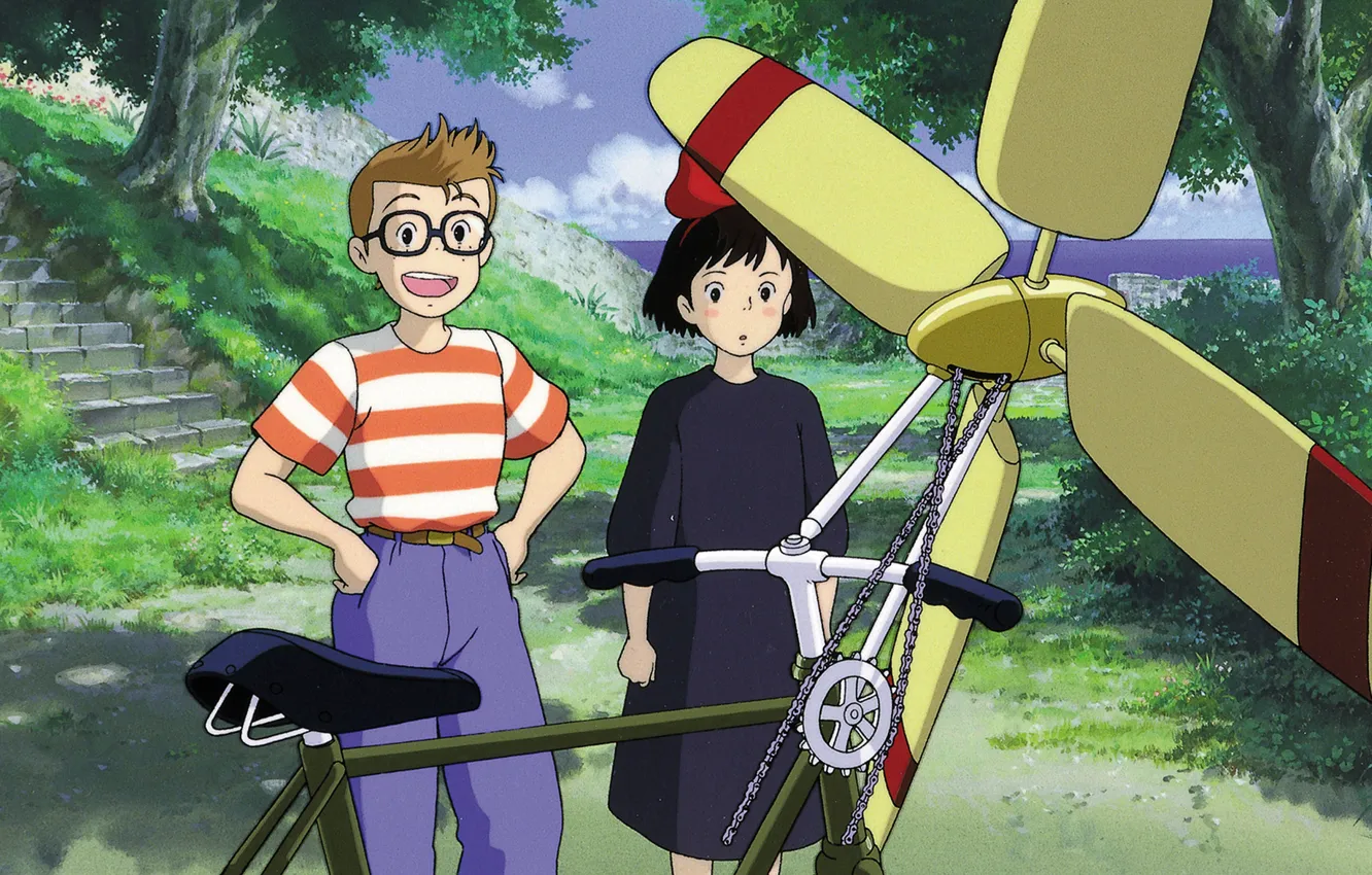 Фото обои велосипед, парк, удивление, очки, лестница, пропеллер, парень, двое