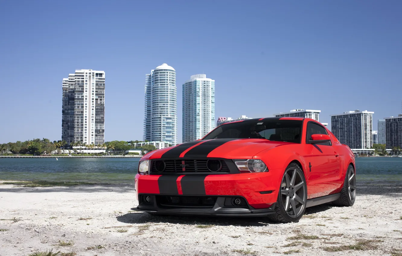 Фото обои mustang, red, ford, beach, miami