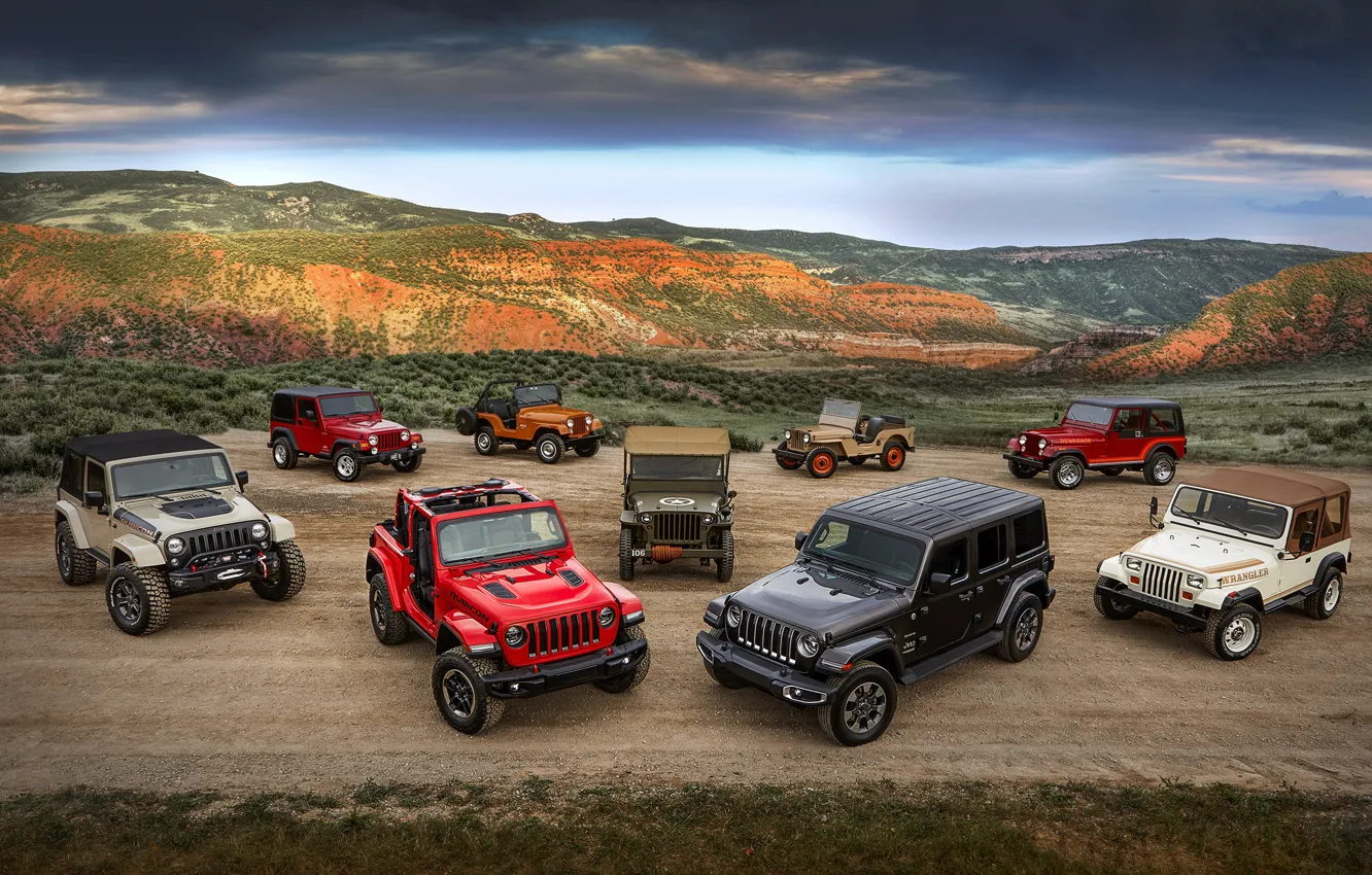 Фото обои Jeep, Willys, Wrangler Rubicon, Wrangler Sahara, CJ-5, CJ-2A, Wrangler TJ, Wrangler Renegade