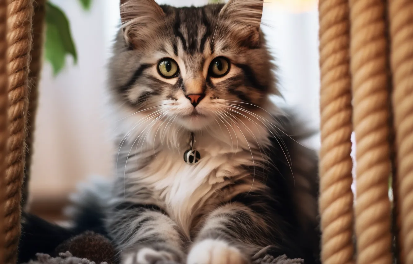 Фото обои кошка, взгляд, поза, котенок, серый, веревка, канат, ошейник
