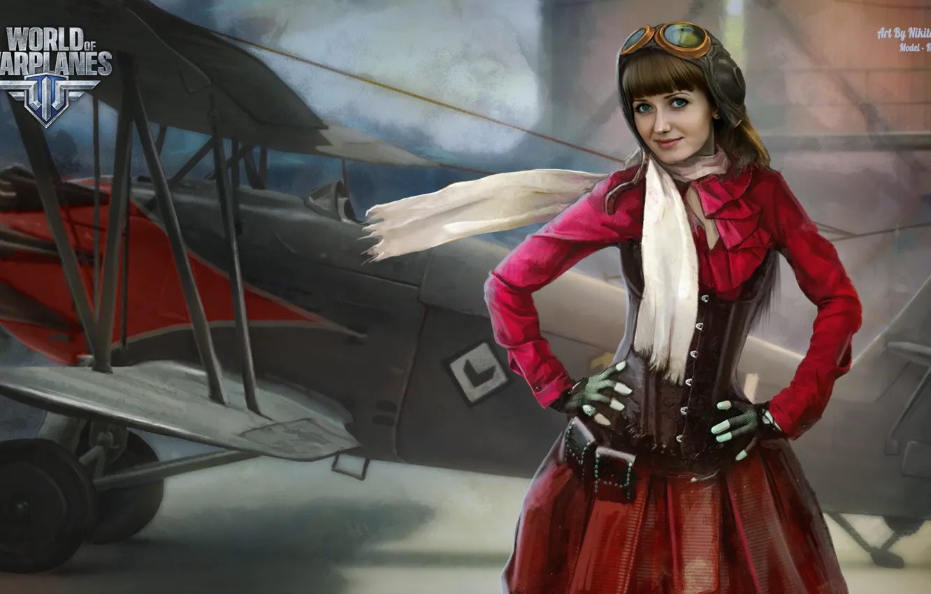 Фото обои девушка, самолет, шарф, girl, aviation, авиа, MMO, Wargaming.net
