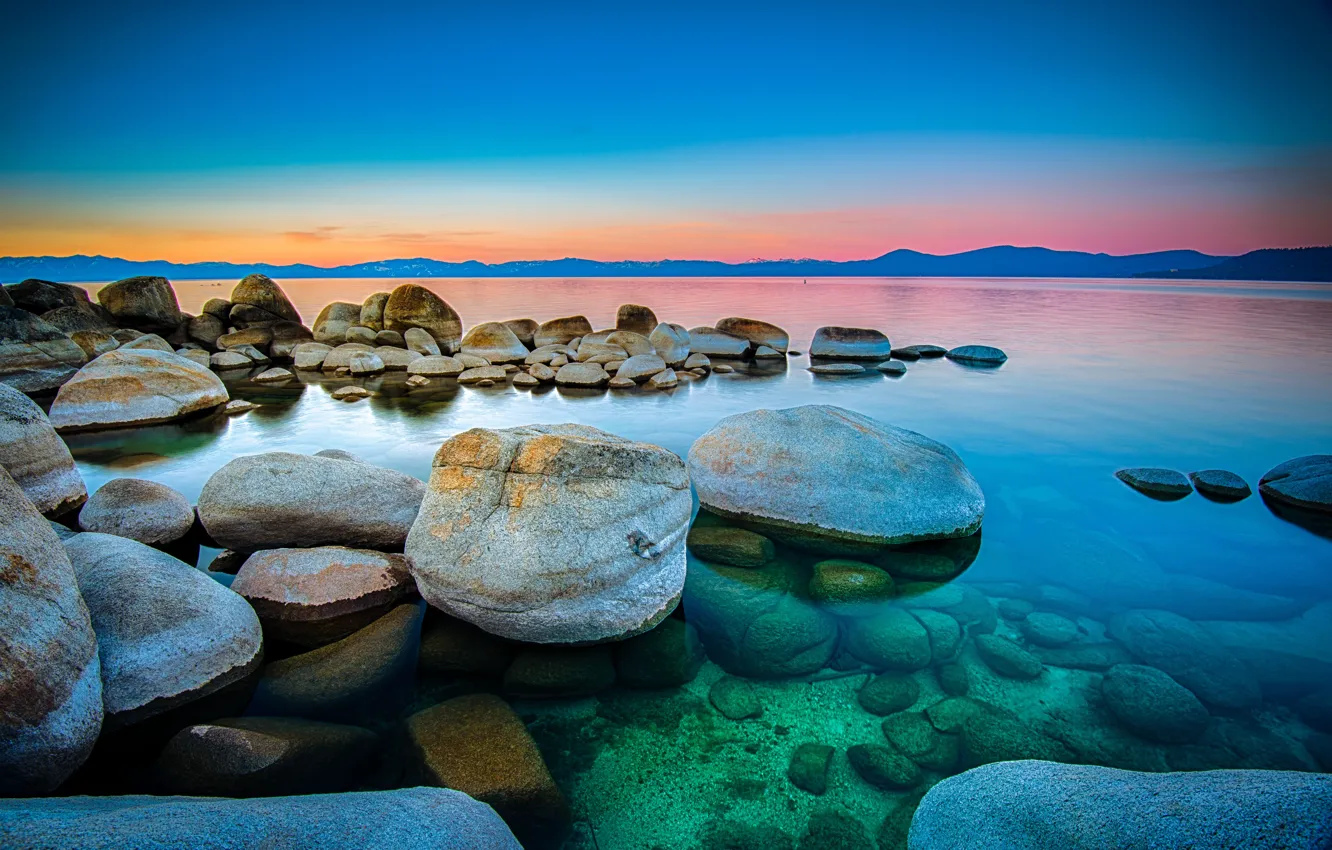 Фото обои вода, закат, природа, озеро, камни