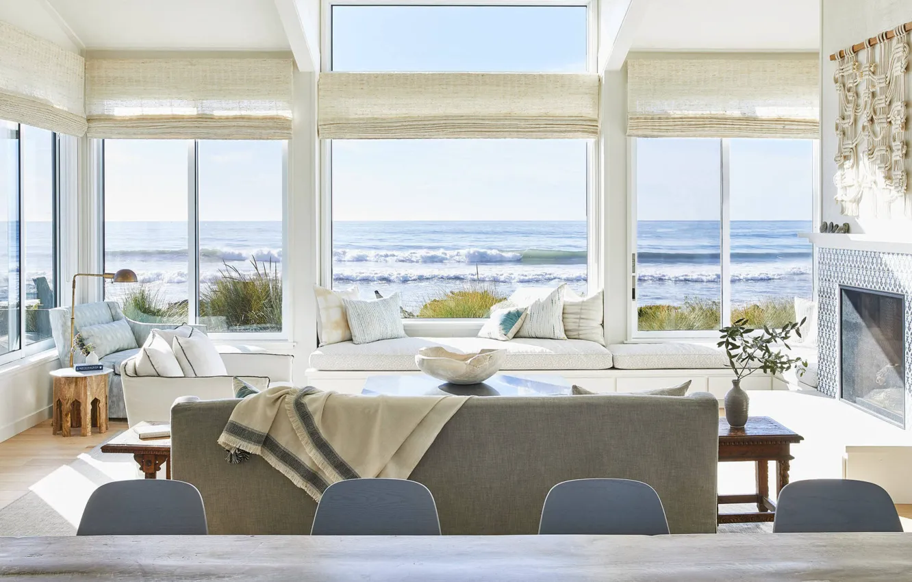 Фото обои интерьер, камин, гостиная, вид на океан, by Lauren Nelson Design, Stinson Beach House