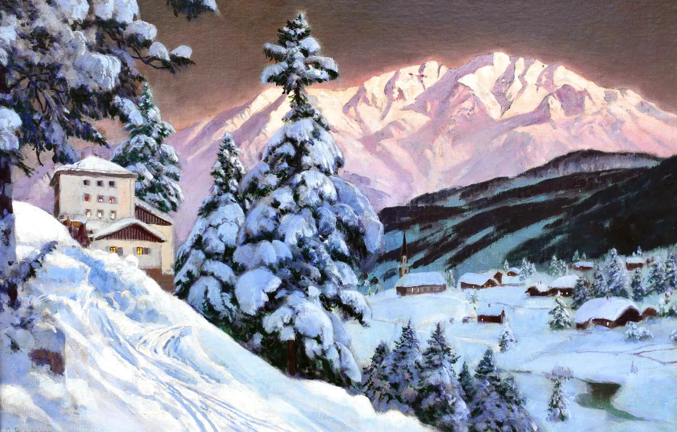 Фото обои Дома, Горы, Ночь, Снег, Картина, Alois Arnegger, Ели, Алоис Арнеггер