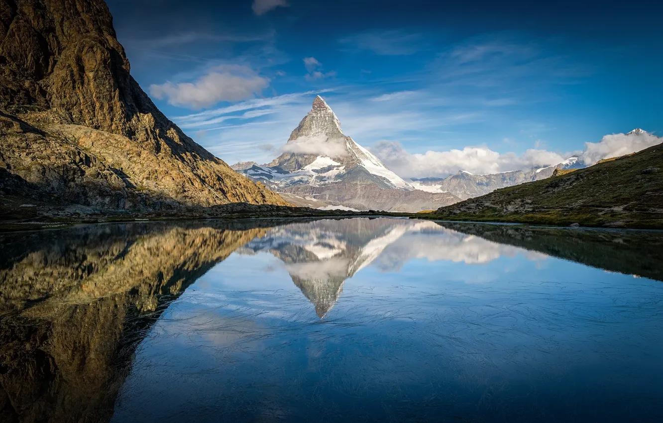 Фото обои озеро, отражение, Альпы, вершина Маттерхорн