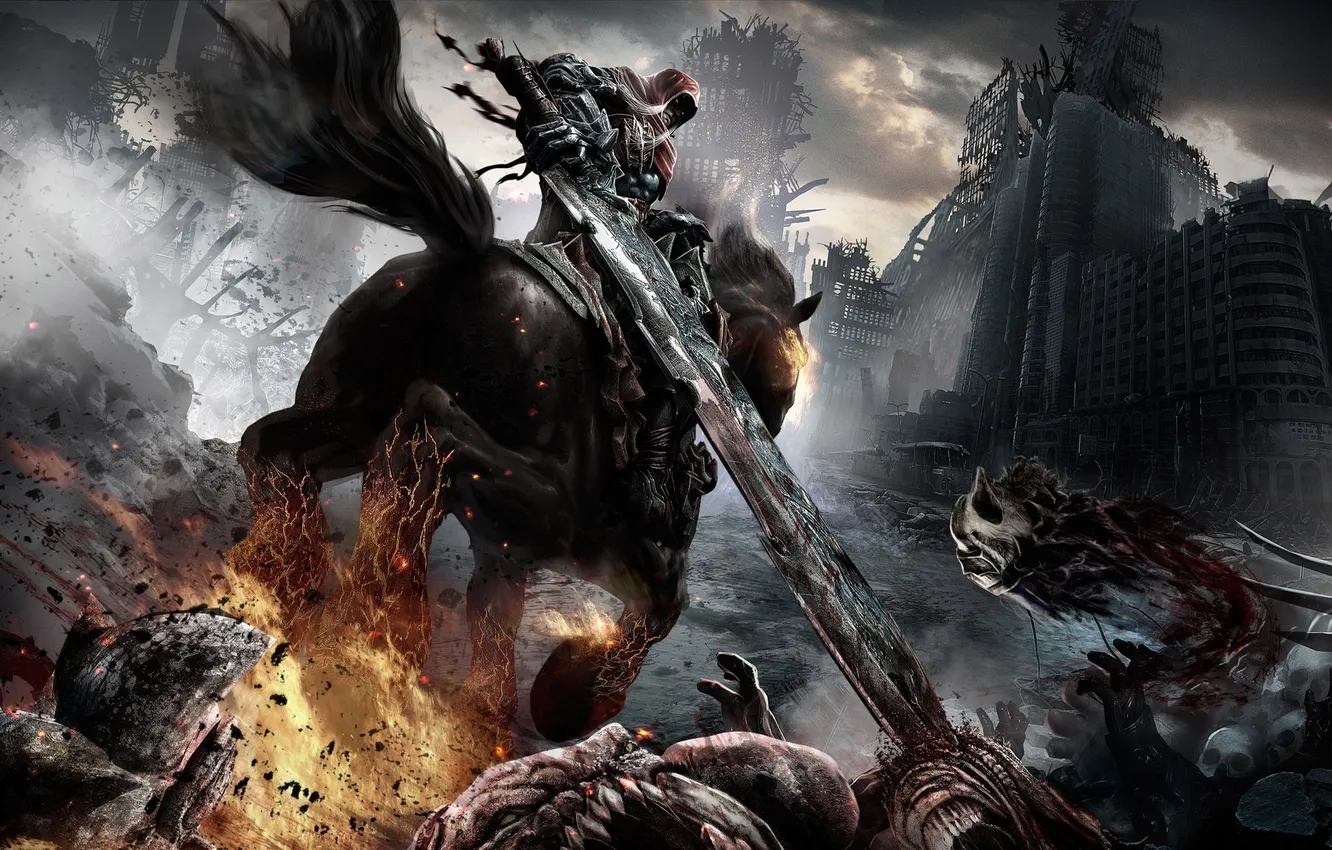 Фото обои конь, меч, монстры, всадник, darksiders: wrath of war