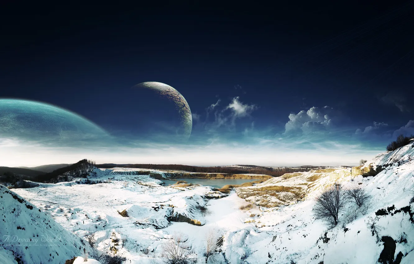 Фото обои зима, небо, облака, снег, пейзаж, озеро, планеты, фэнтези