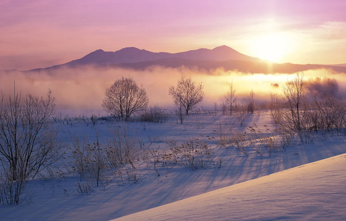 Фото обои зима, снег, закат, горы, рассвет