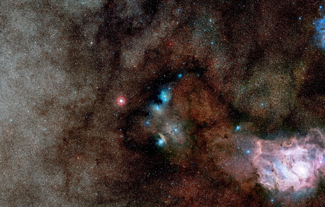 Фото обои Nebula, NGC 6559, Messier 8, Constellation of Sagittarius, Digitized Sky Survey 2, The Trifid Nebula, …