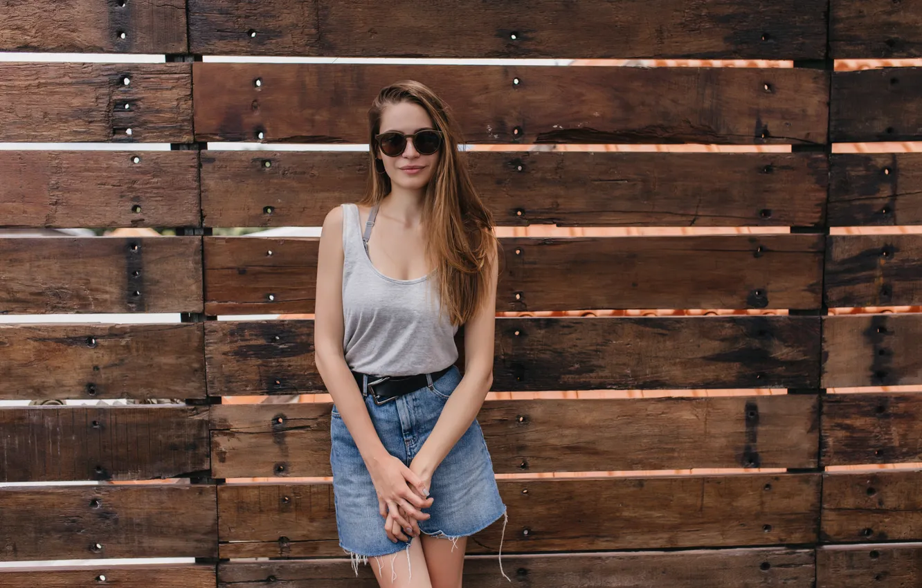 Фото обои girl, model, cute, skirt, sunglasses, long-haired, denim