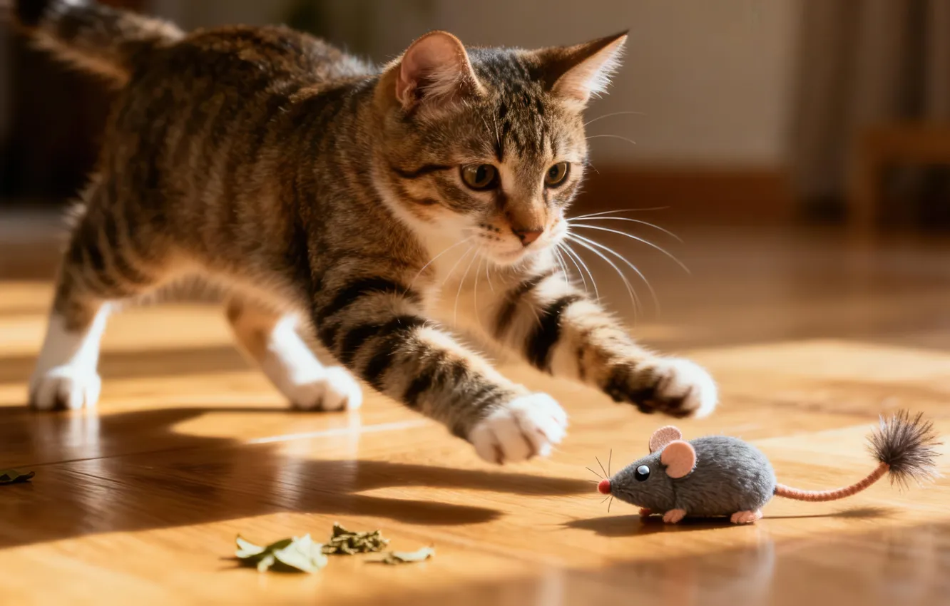 Фото обои кошка, взгляд, свет, поза, серый, прыжок, игра, лапки