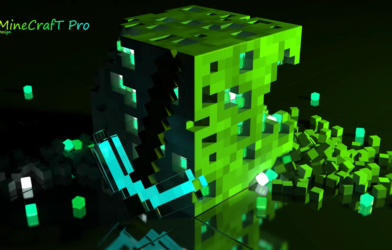 Фото обои Minecraft, green light, diamond pickaxe