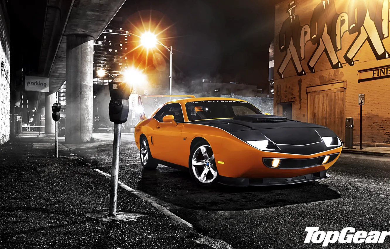 Фото обои ночь, оранжевый, улица, тюнинг, фонарь, Top Gear, Dodge, Challenger