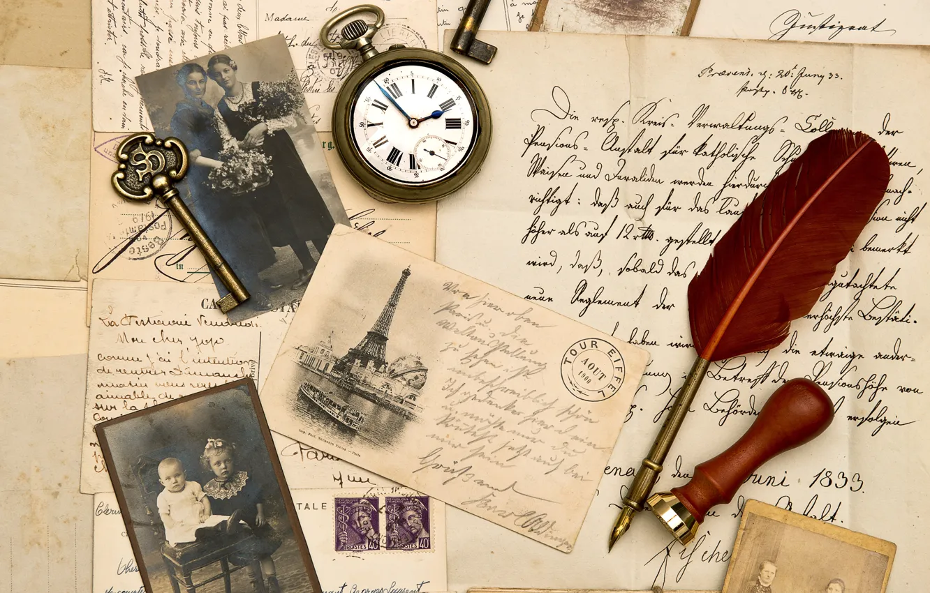 Фото обои перо, часы, ключ, сепия, фотографии, vintage, винтаж, старая бумага