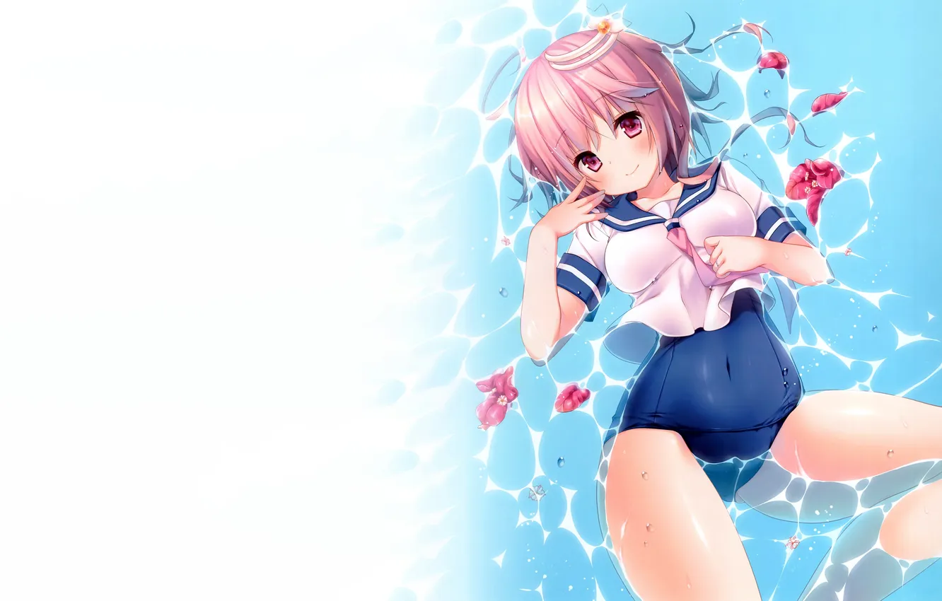 Фото обои girl, sexy, wet, pink hair, legs, boobs, anime, water
