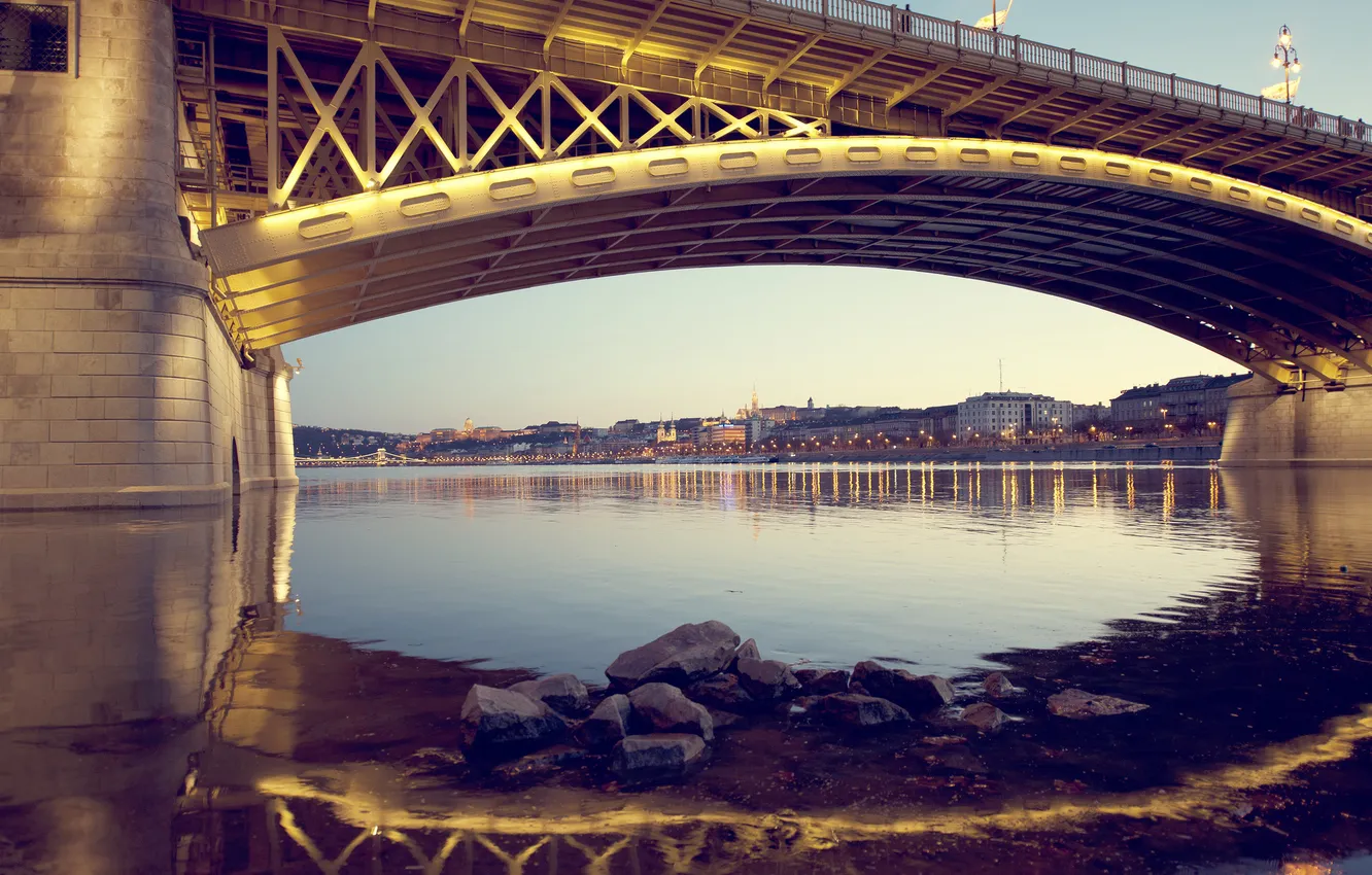 Фото обои мост, огни, река, вечер, Венгрия, Будапешт