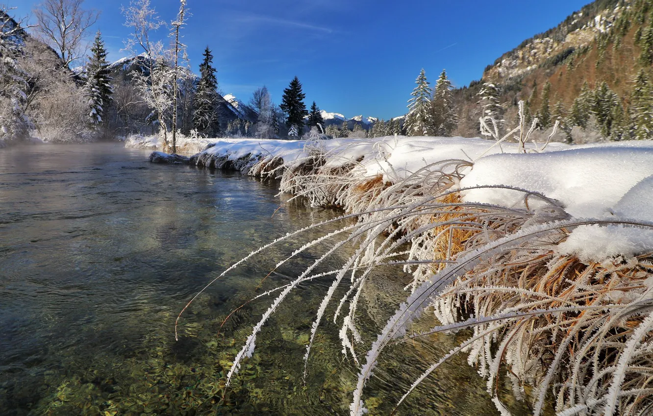 Фото обои зима, трава, снег, пейзаж, горы, природа, озеро, Германия