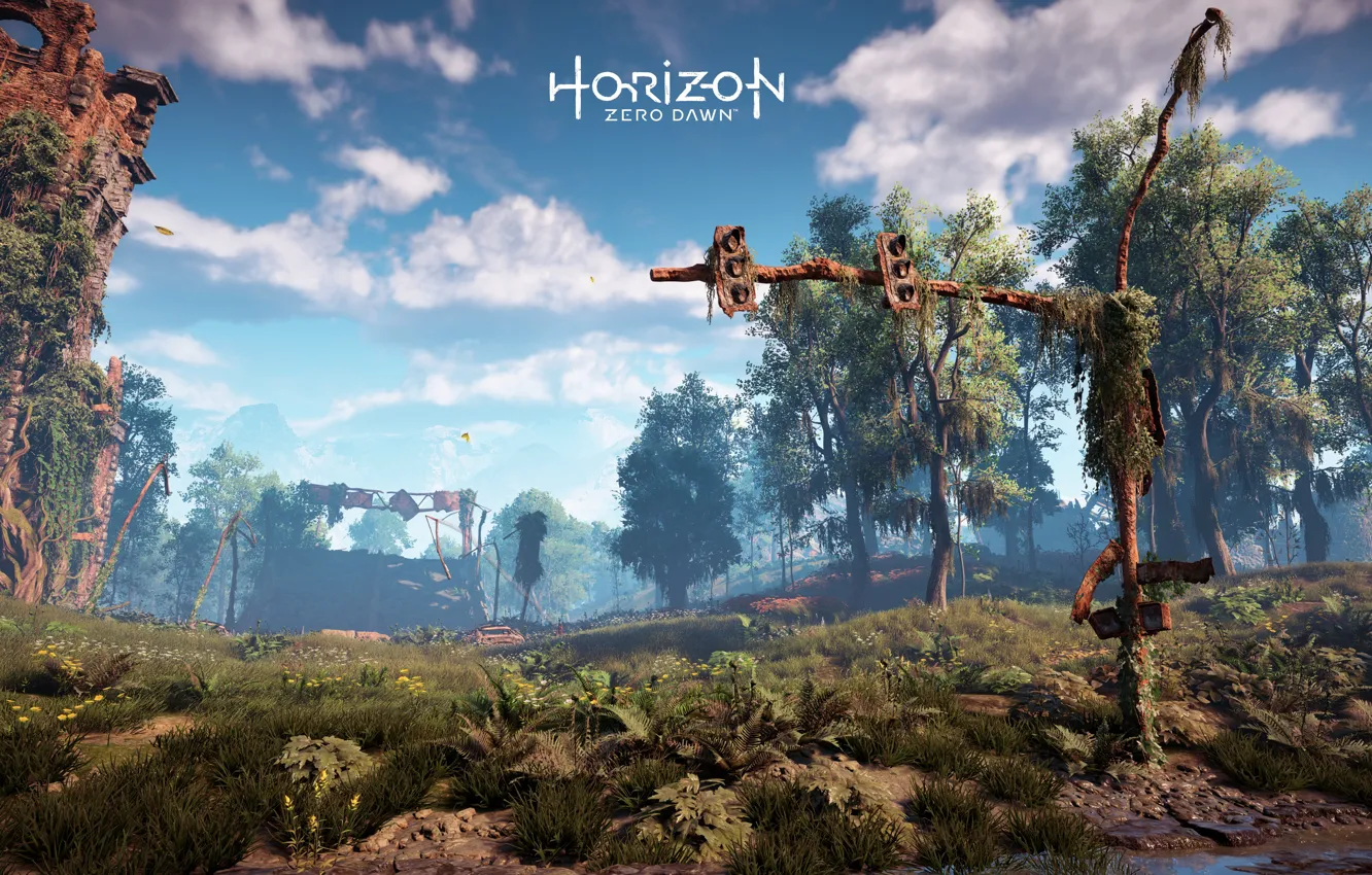 Фото обои Небо, Деревья, Horizon, Sony Computer Entertainment, Guerrilla Games, Horizon: Zero Dawn, Horizon Zero Dawn
