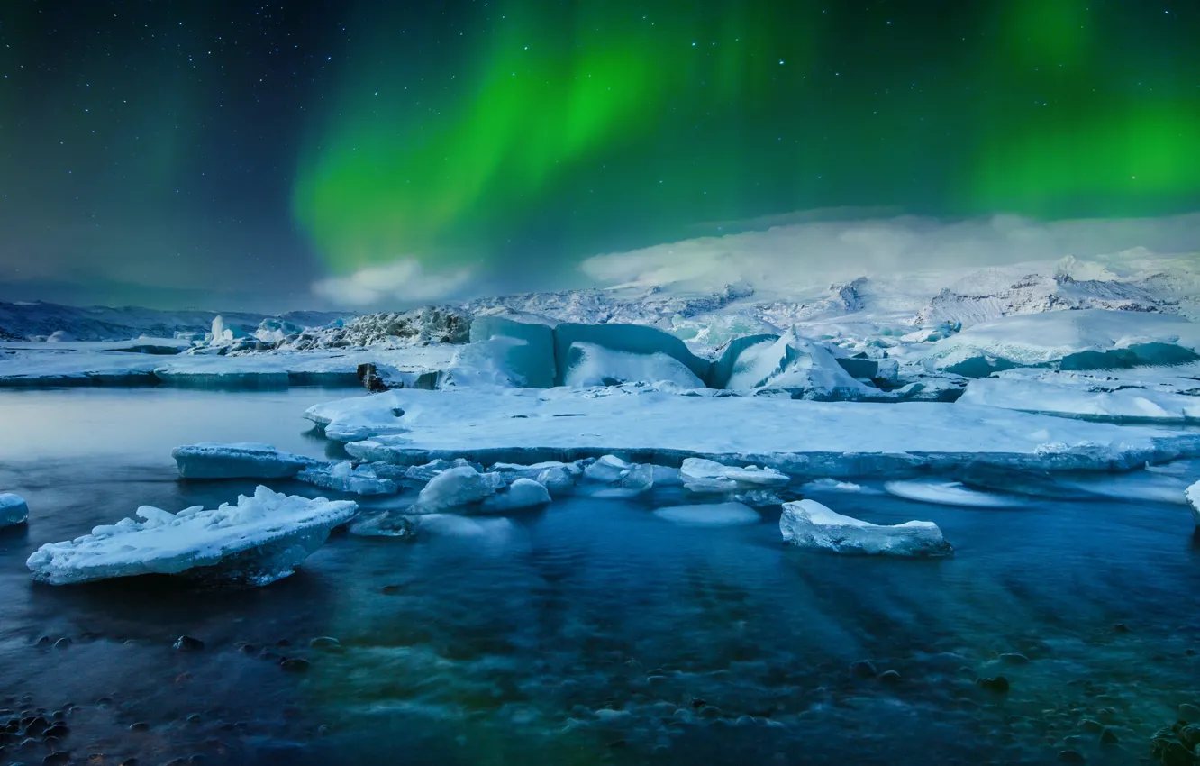 Фото обои Frozen, Stars, Aurora, Winter, Lights, Snow, Iceland, Ice