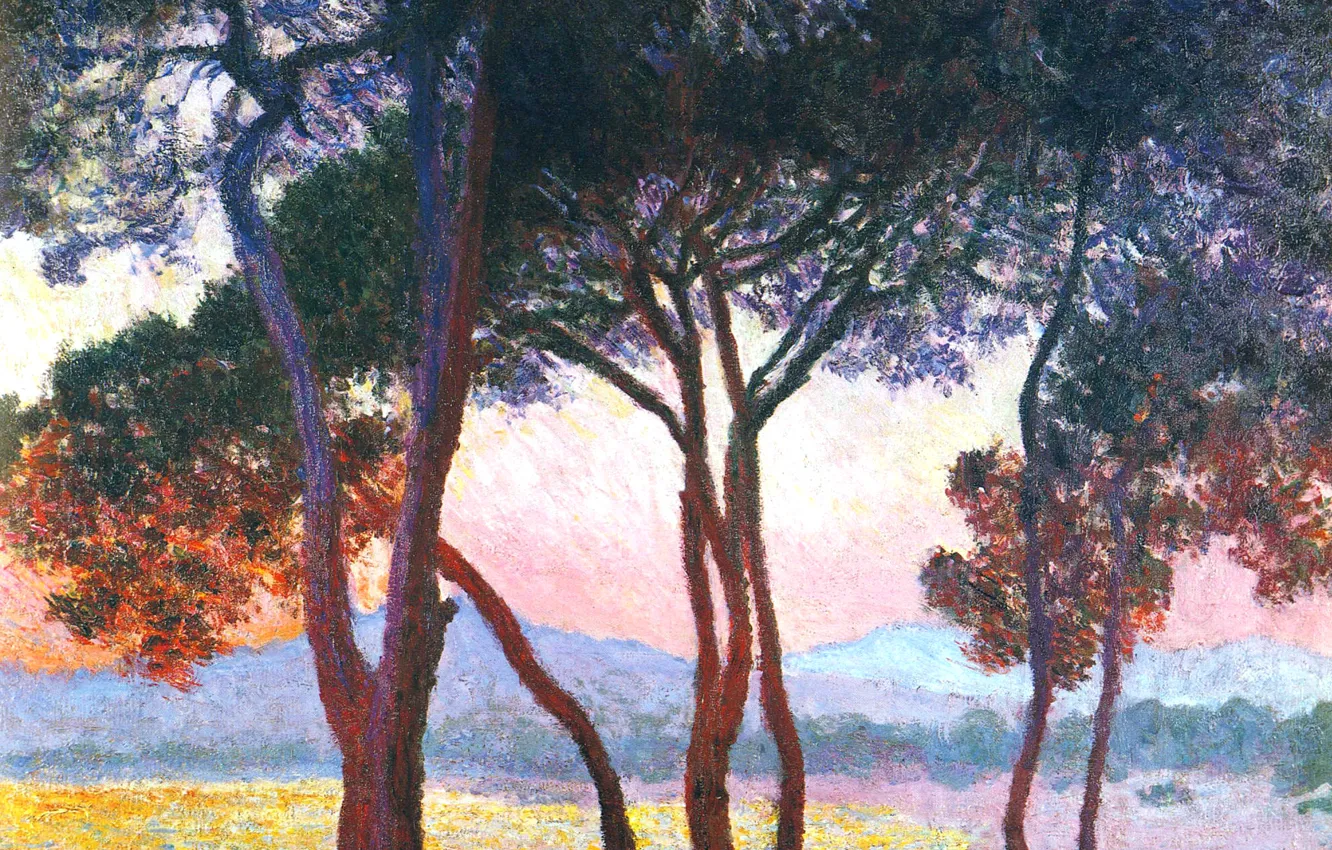 Фото обои деревья, пейзаж, горы, картина, Клод Моне, Жуан-ле-Пен