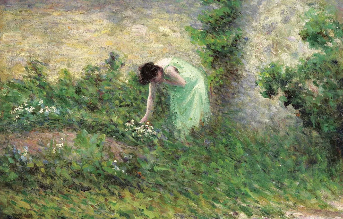 Фото обои пейзаж, картина, 1902, Максимильен Люс, Maximilien Luce, Жизор. Женщина Собирающая Цветы
