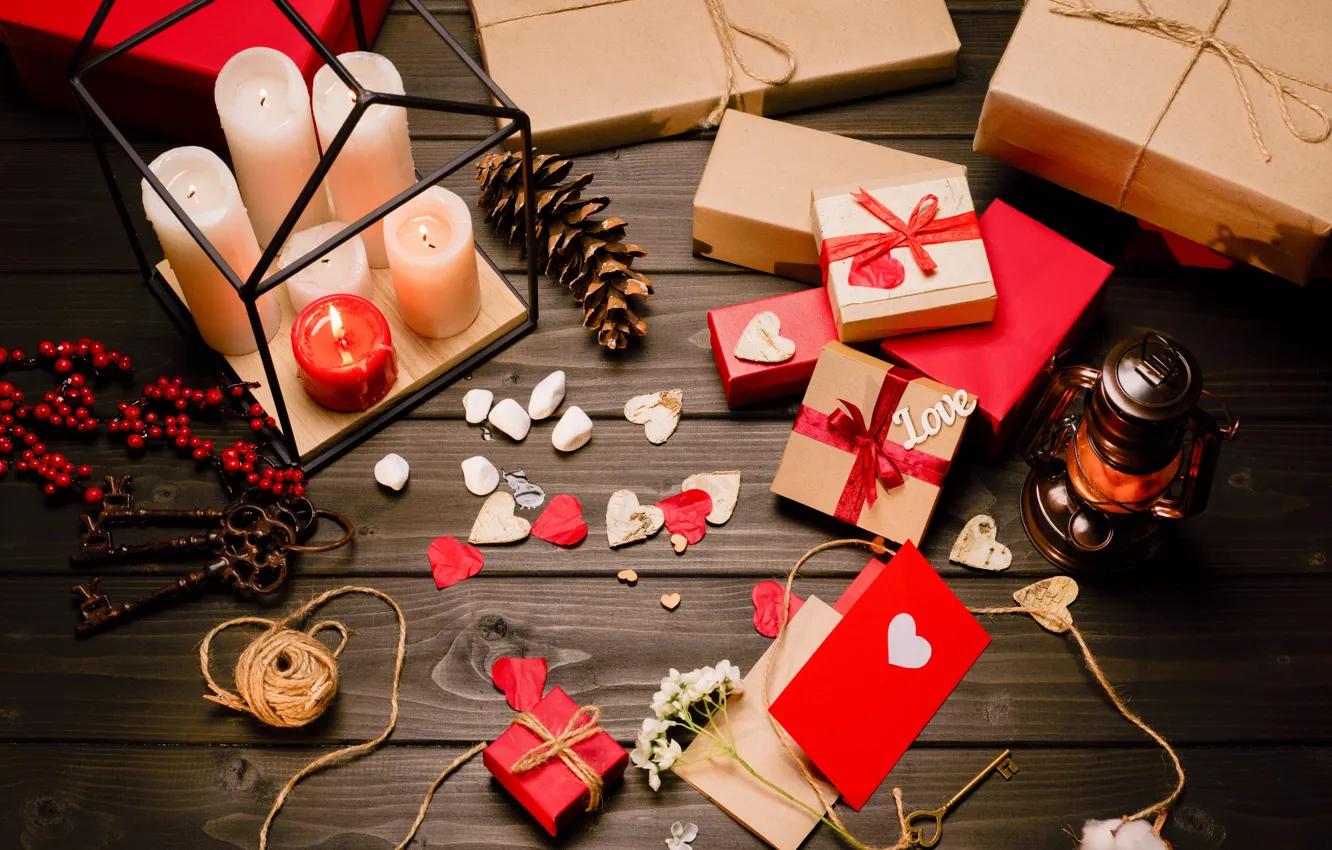 Фото обои праздник, свечи, подарки, сердечки, love, день влюбленных, holiday, candles
