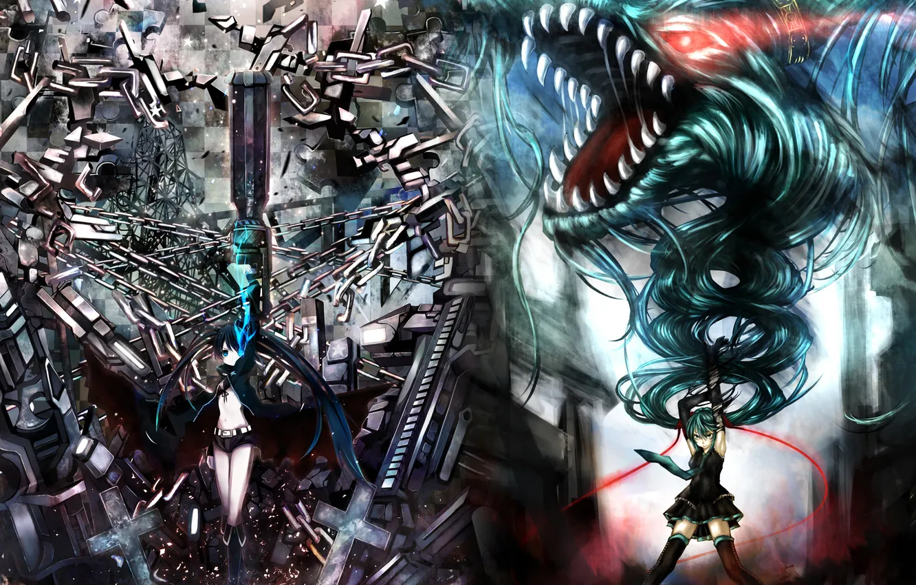 Фото обои оружие, девушки, дракон, аниме, арт, цепи, vocaloid, hatsune miku