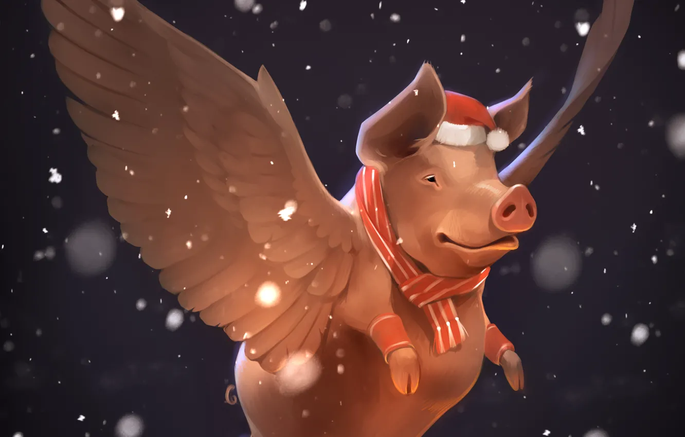 Фото обои снег, новый год, крылья, свинья, by GaudiBuendia