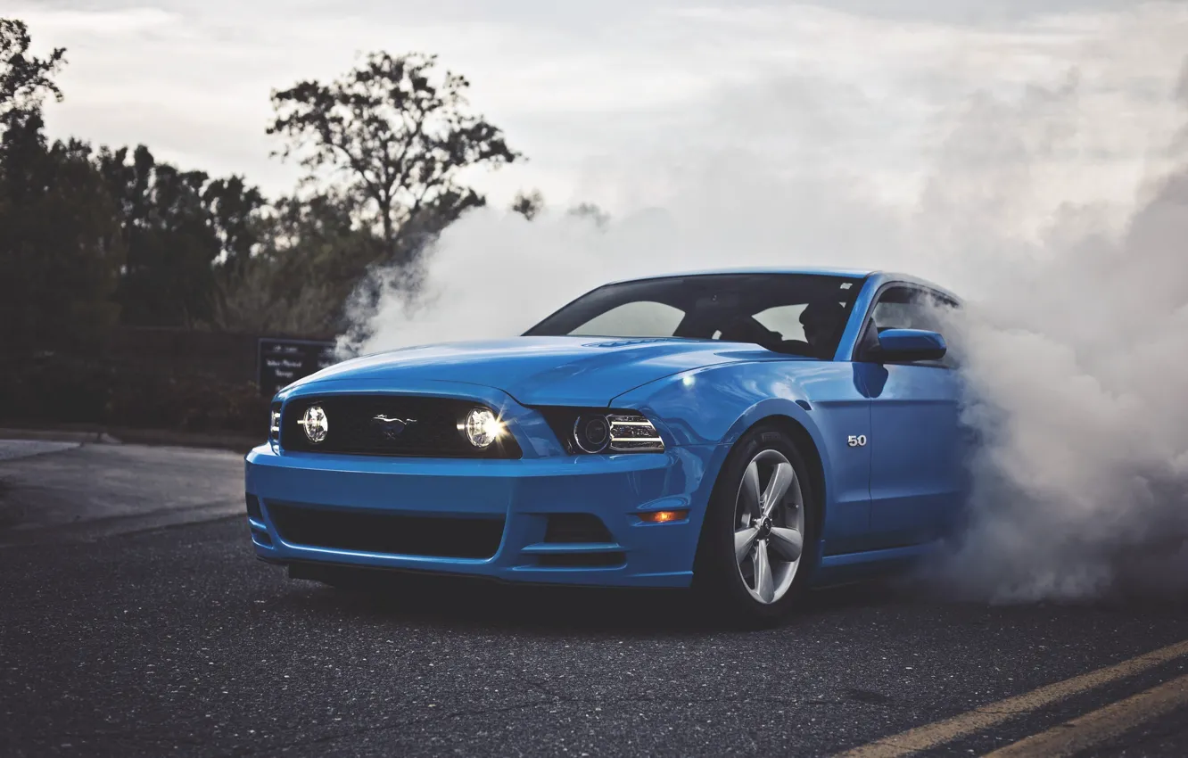 Фото обои Mustang, Ford, Blue, 5.0, Smoke, Muscle Car