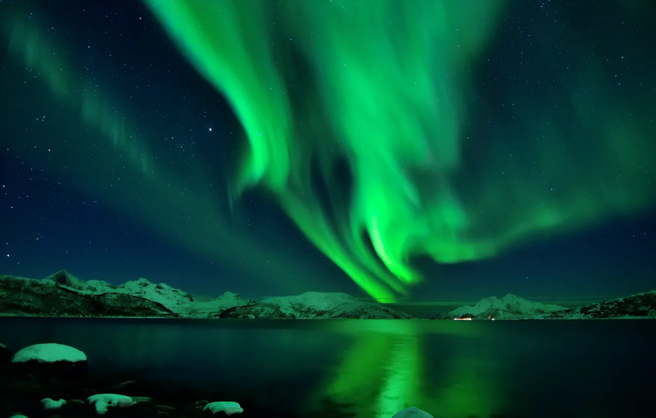 Фото обои звезды, снег, ночь, северное сияние, Исландия