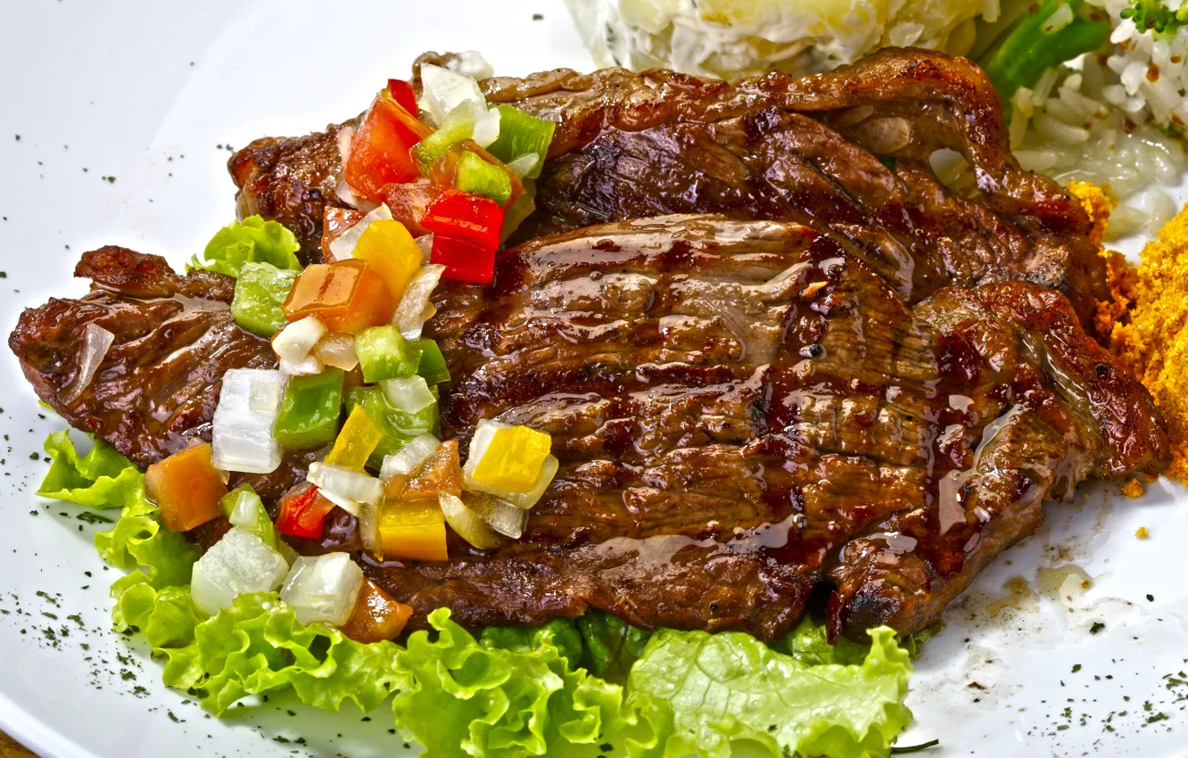 Фото обои листья, мясо, перец, овощи, салат, meat, vegetables
