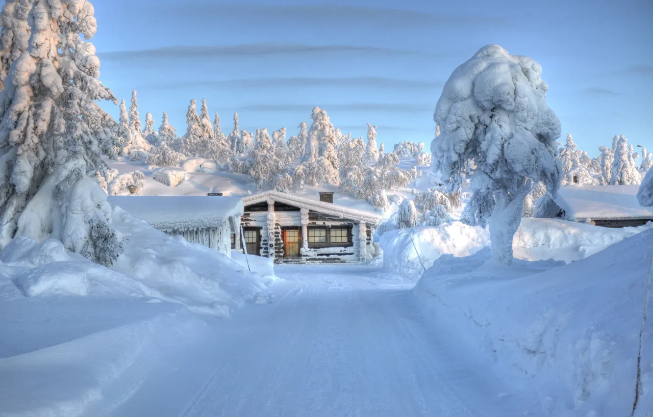 Фото обои зима, дорога, небо, природа, домик, финляндия