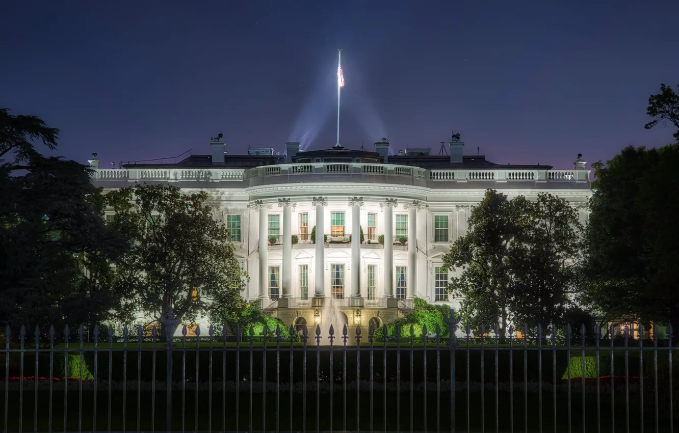 Фото обои вечер, ограда, фонтан, Вашингтон, США, особняк, Белый дом, White House