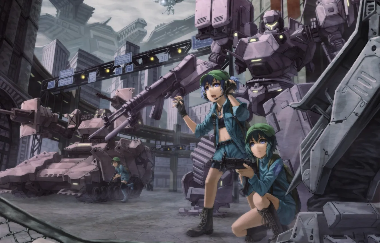 Фото обои город, оружие, девочки, робот, арт, вертолет, танк, меха