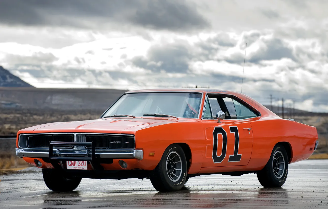 Фото обои оранжевый, Додж, 1969, Dodge, мускул кар, Charger, передок, чарджер
