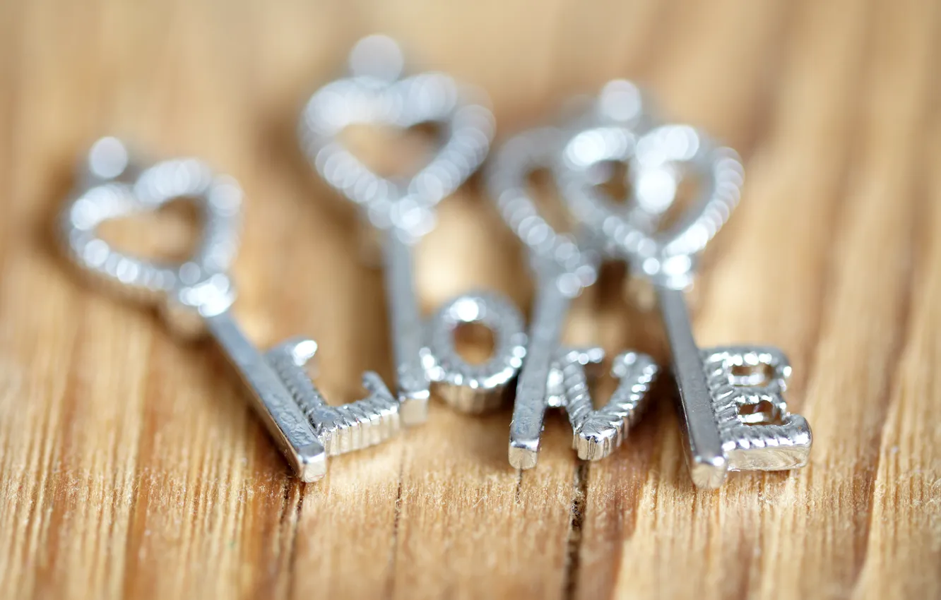 Фото обои буквы, размытость, сердечки, love, ключи, металлические