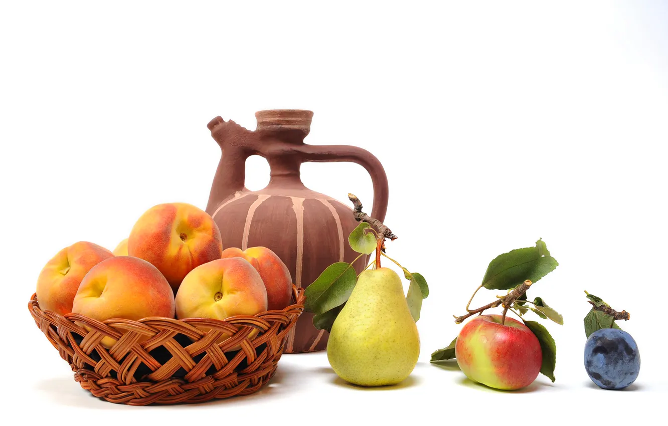Фото обои корзина, яблоко, груша, кувшин, фрукты, персики, слива