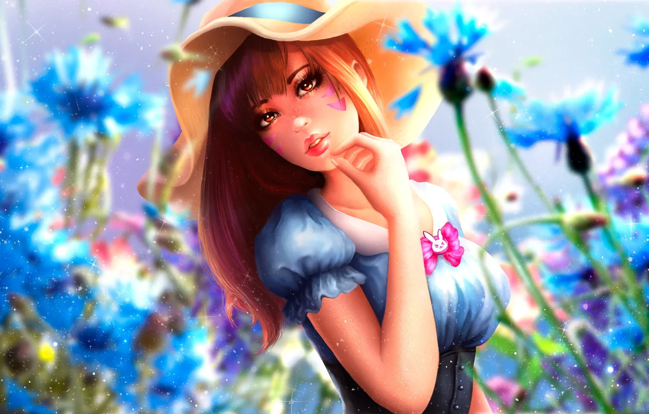 Фото обои Цветы, Девушка, Взгляд, Волосы, Шляпа, Game, Overwatch, D.Va