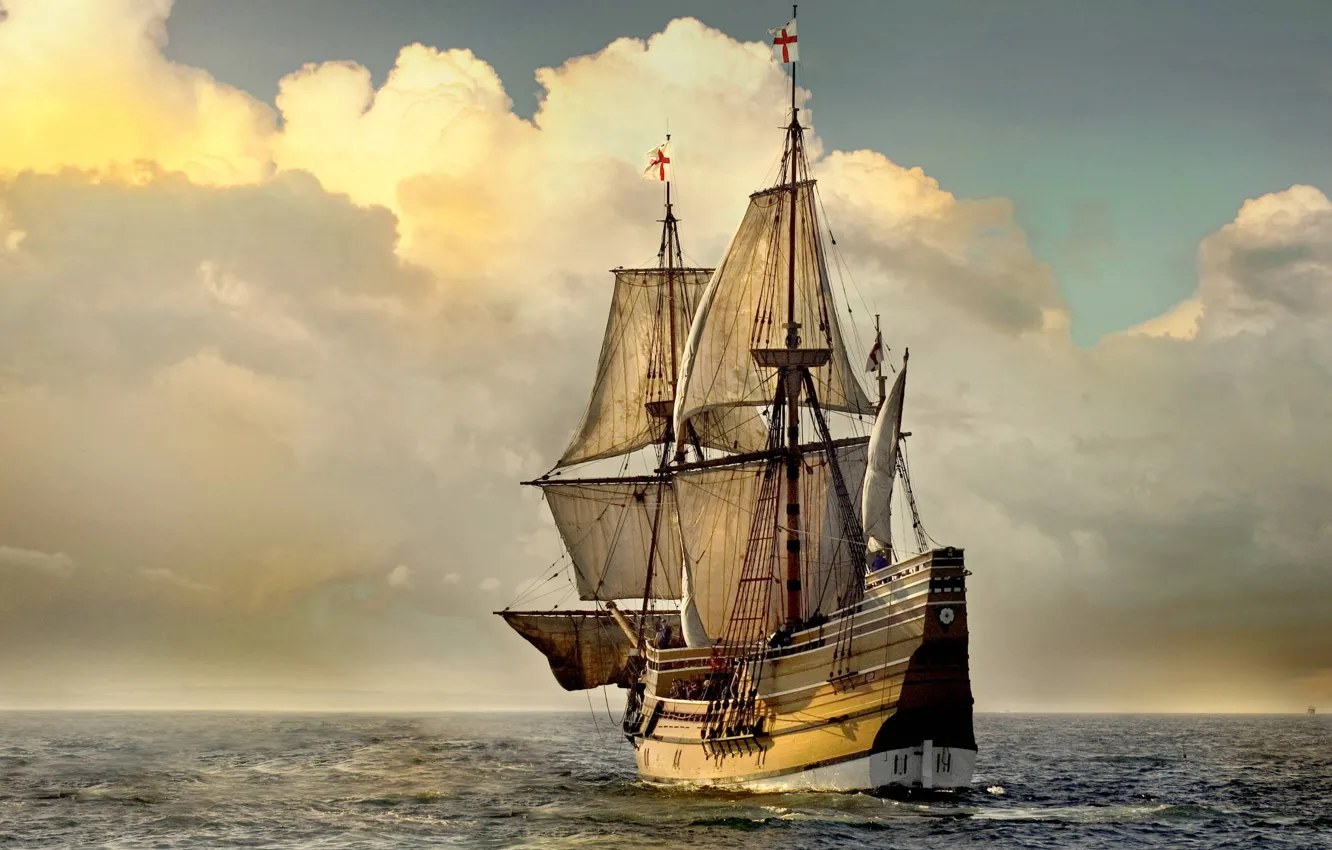 Фото обои море, Англия, парусник, паруса, копия, Мейфлауэр II