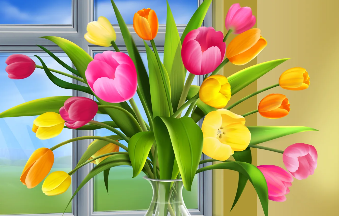Фото обои окно, тюльпаны, ваза