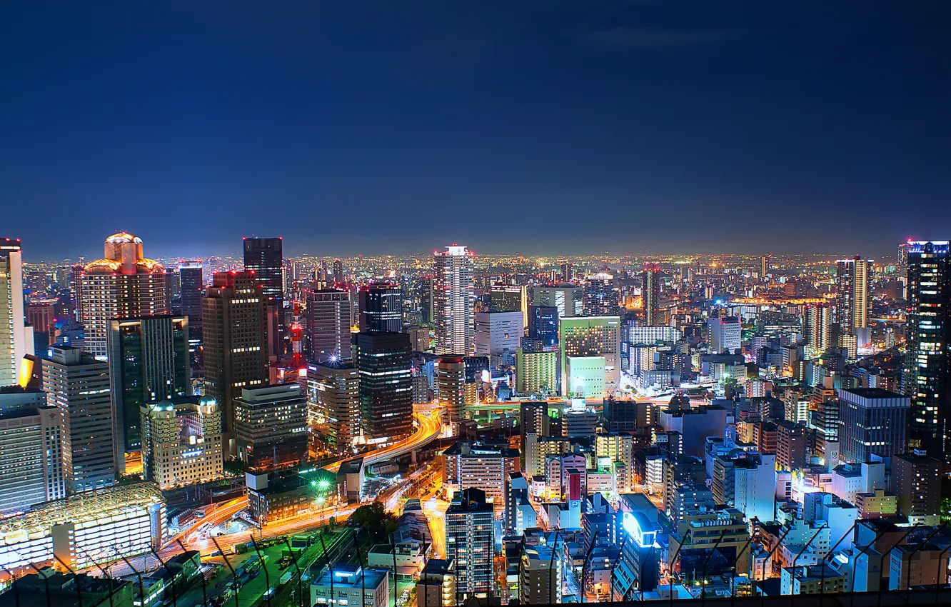 Фото обои ночь, огни, Япония, мегаполис, Осака