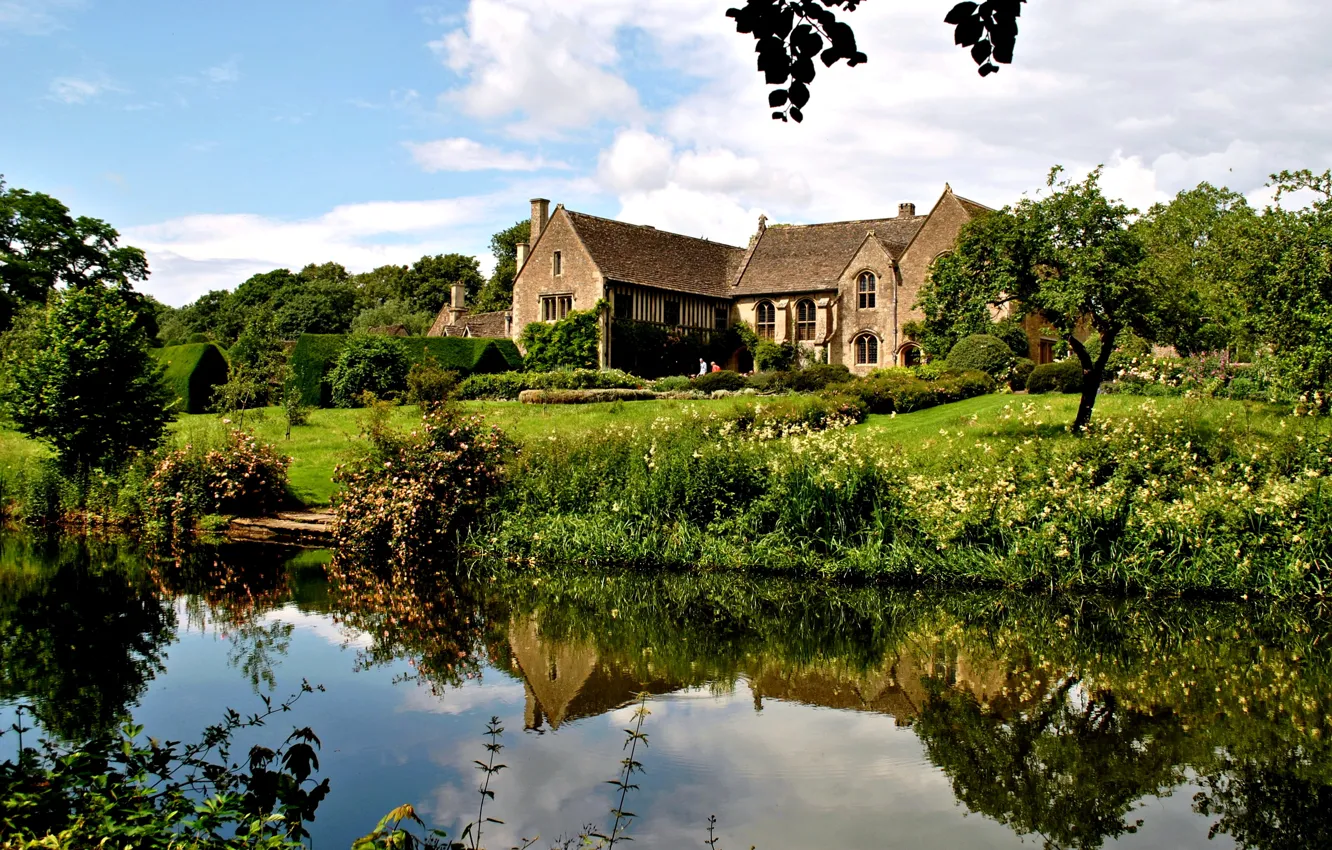 Фото обои зелень, трава, вода, деревья, дом, пруд, отражение, Англия