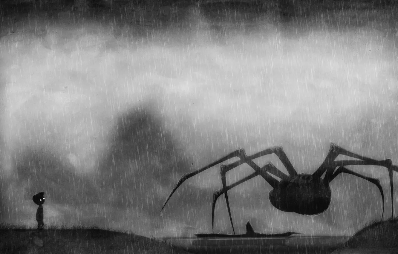 Фото обои река, дождь, паук, мальчик, Limbo