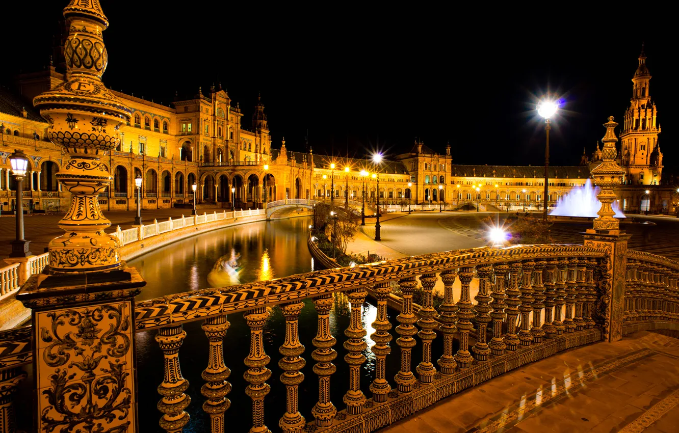 Фото обои ночь, огни, Испания, Севилья, площадь Испании