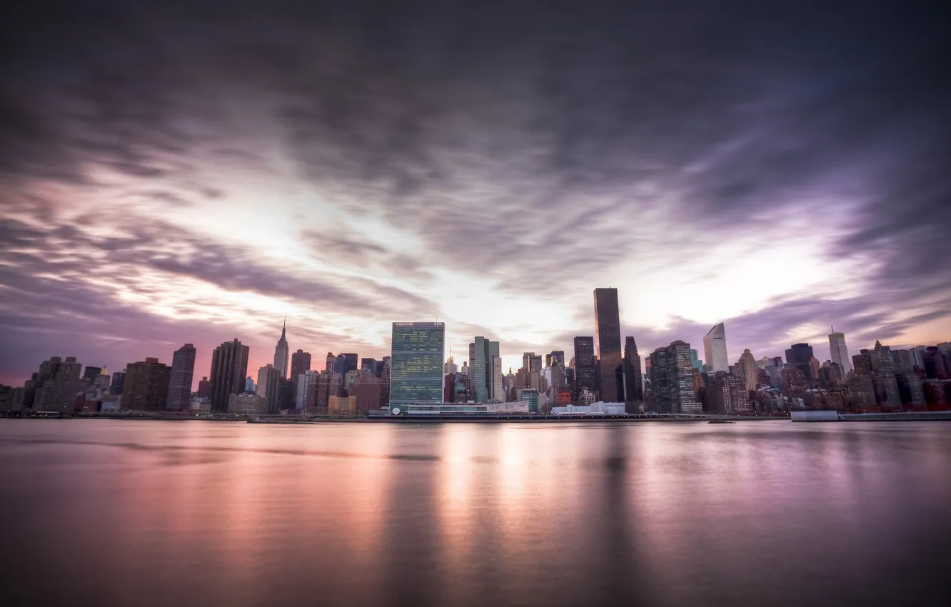 Фото обои закат, city, небоскребы, new york, нью йорк