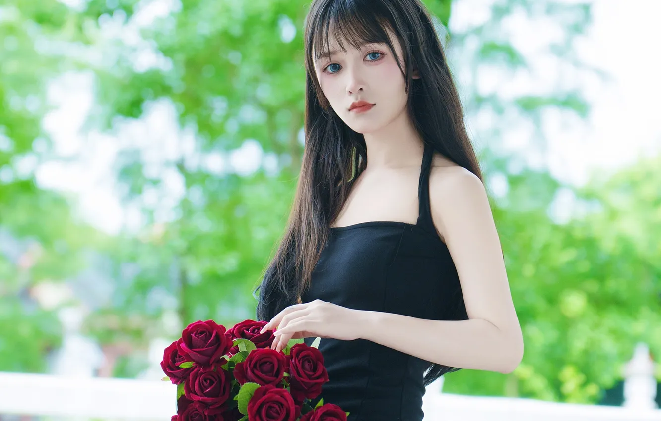 Фото обои Beautiful, Asian, Model, Flower, Roses, Woman, Bouquet, Cute