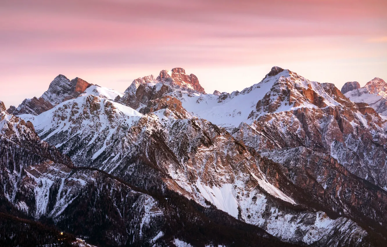 Фото обои Закат, Горы, Снег, Италия, Italy, Sunset, Mountains, Sunshine