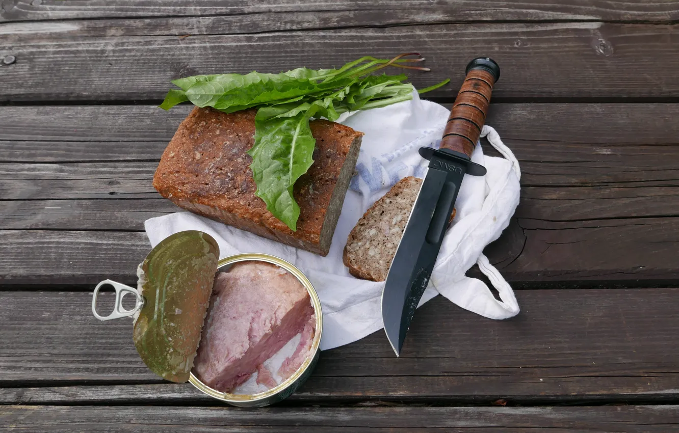 Фото обои завтрак, хлеб, нож, консервы